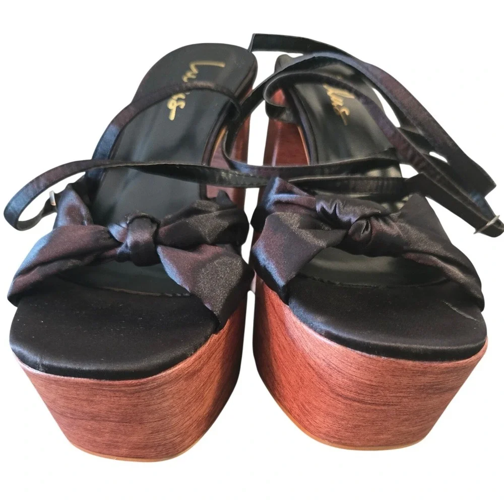 Lulus Black Satin Bow Platform Heels Chunky Block Square Toe Sandals Size 7.5